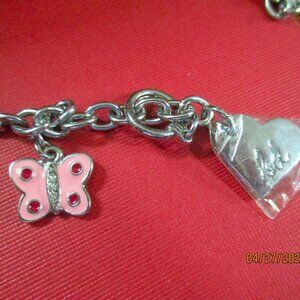 Charm Silver Link Chain Bracelet w/Butterfly Charm & Heart w/db Makers Initial